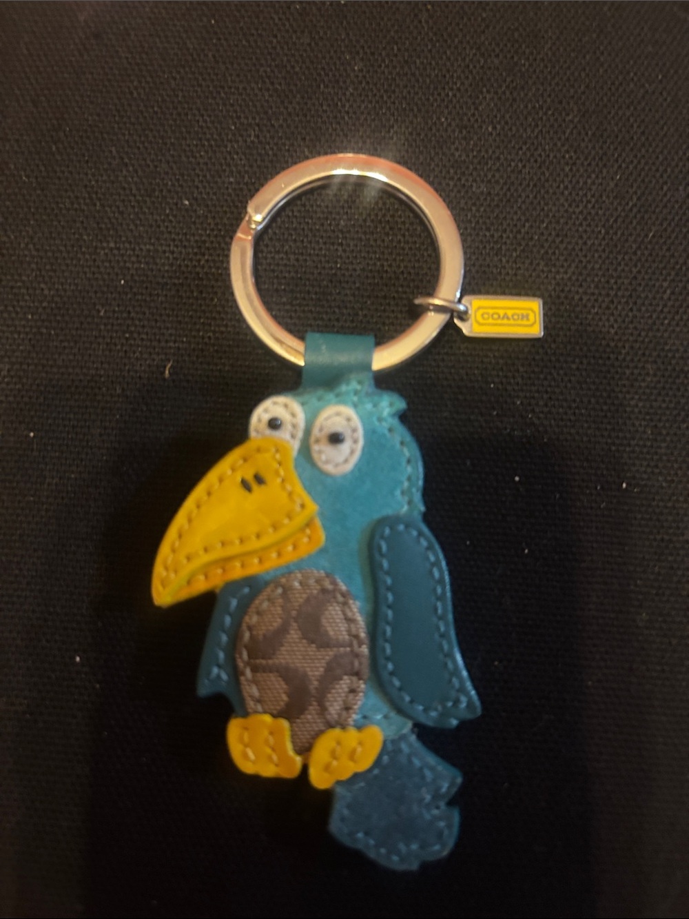 Coach Teal and Yellow Bird Keyring with Signature Fabric Accent